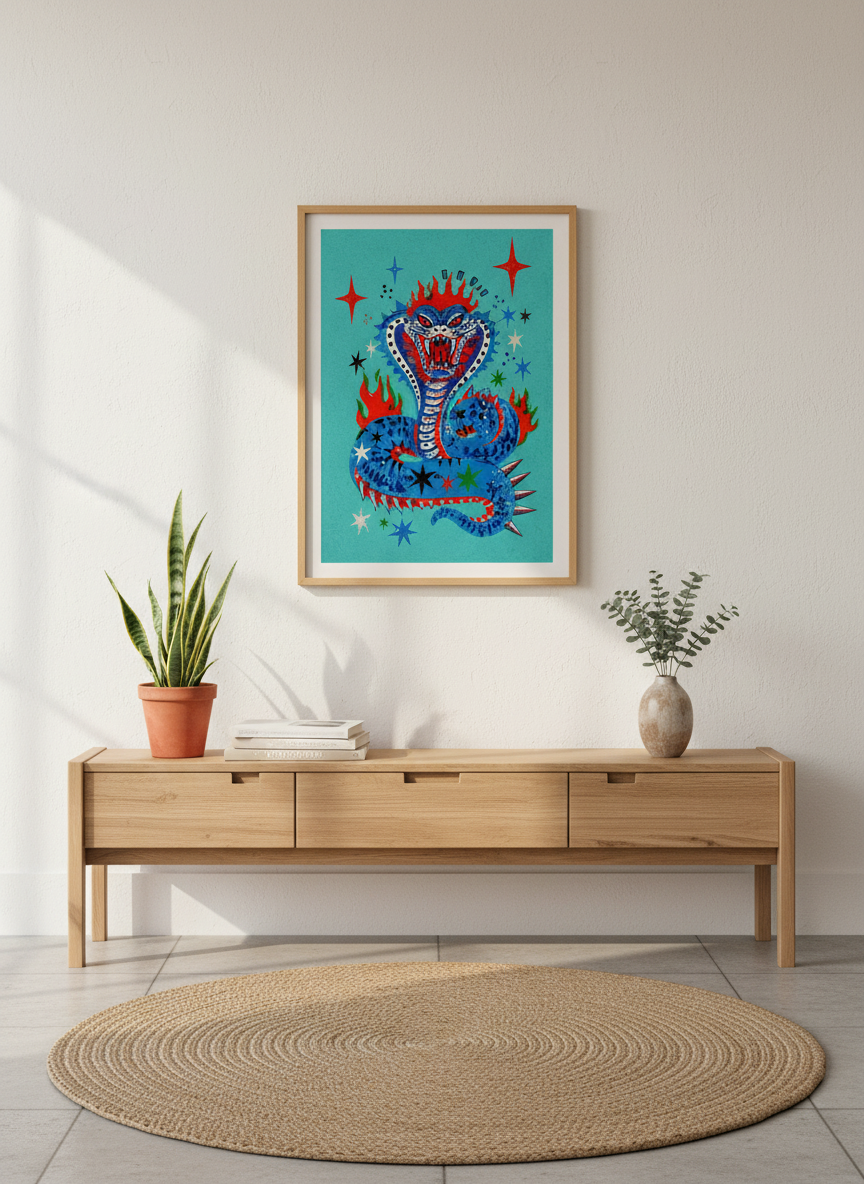 Fiery Cobra Snake Art Print | Retro Tattoo Style Wall Art, Maximalist Decor