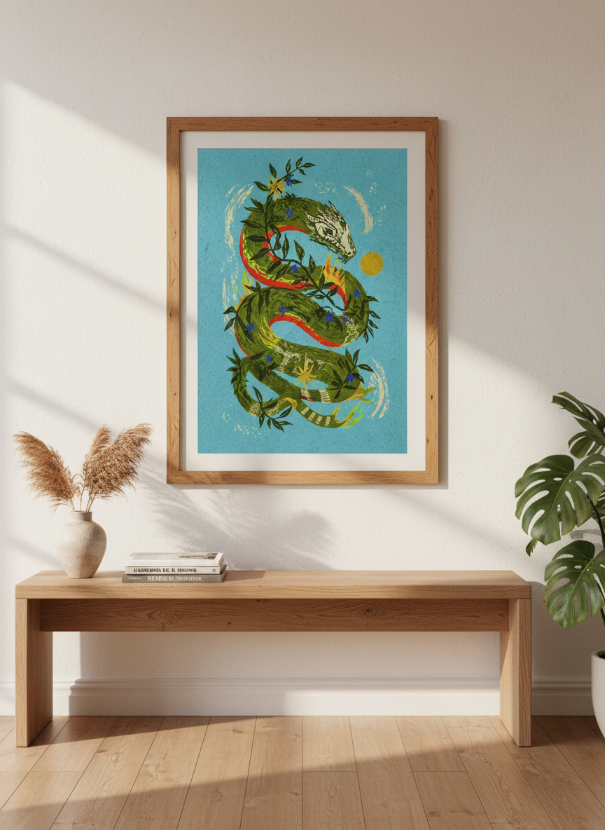 Kundalini Serpent Dragon Wall Art | Mystical Folk Decor | Boho Psychedelic Print