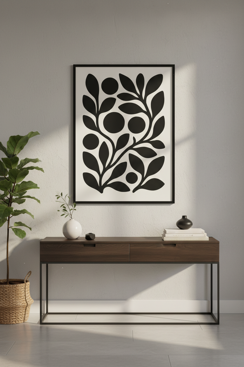 Minimalist Botanical Framed Art Print | Boho Living Room Decor | Black &amp; White Abstract Floral Poster Ready to Hang