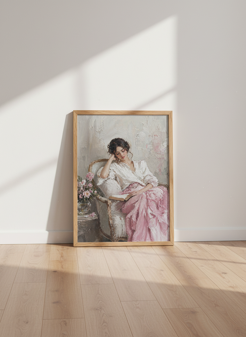 Impressionist Reading Woman Wall Art | Pink Floral Oil Painting, Bedroom Decor Poster