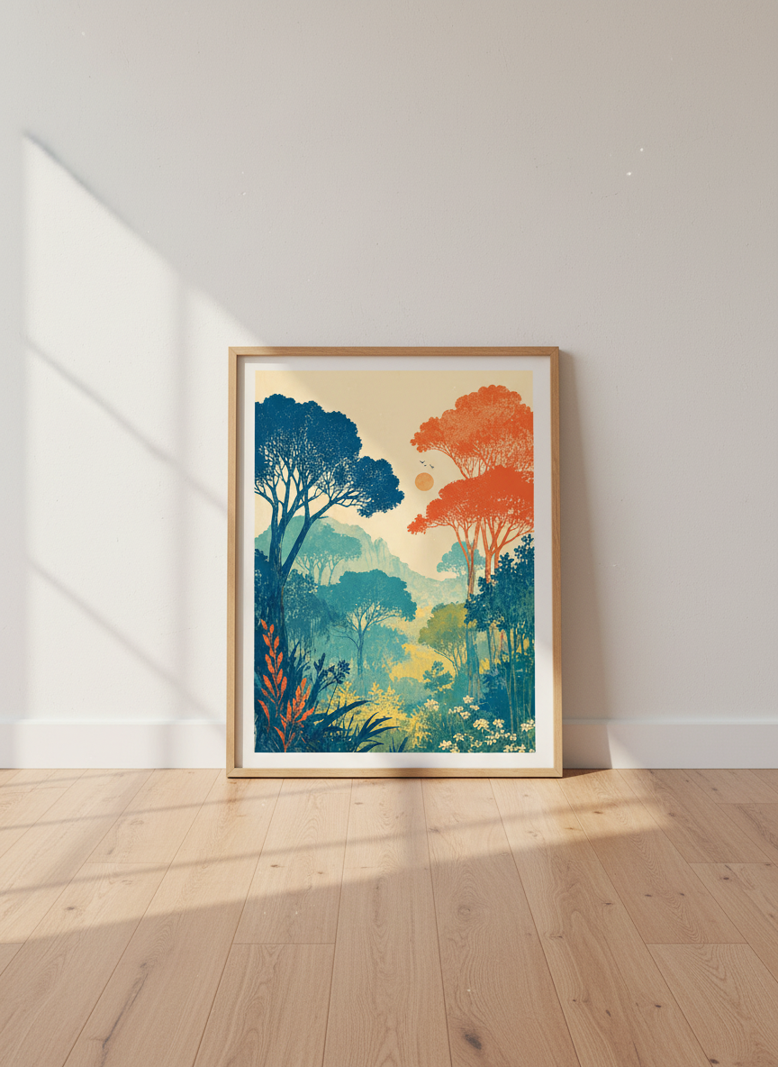 Modern Forest Landscape Art | Teal &amp; Orange Mid Century Poster, Nature Wall Decor
