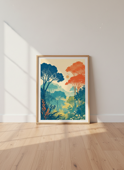 Modern Forest Landscape Art | Teal &amp; Orange Mid Century Poster, Nature Wall Decor