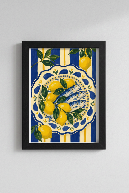 lemon wall art print | Mediterranean blue-yellow kitchen decor
