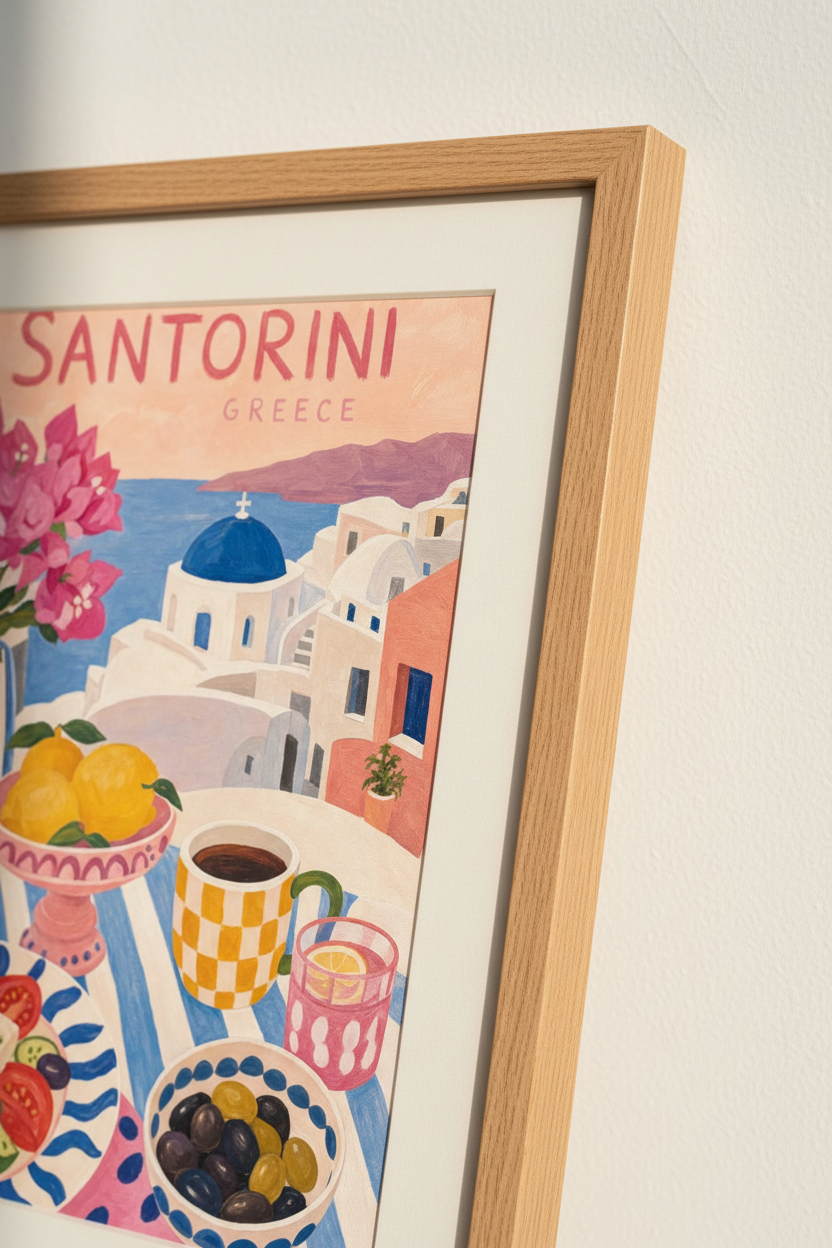 Santorini Greece Travel Art Print | Mediterranean Food Poster | Coastal Kitchen Decor