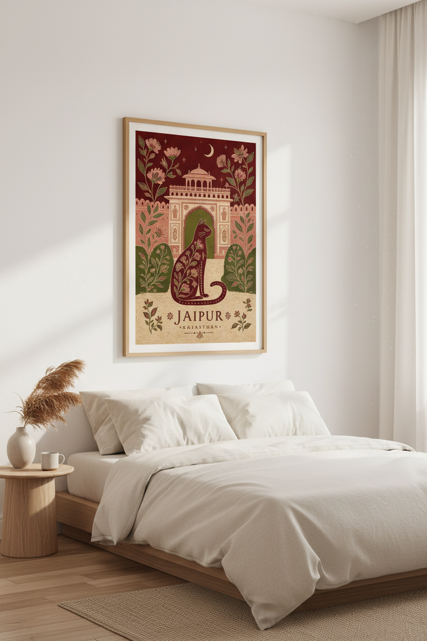 Jaipur India Cat Wall Art | Floral Mughal Folk Poster, Living Room Decor