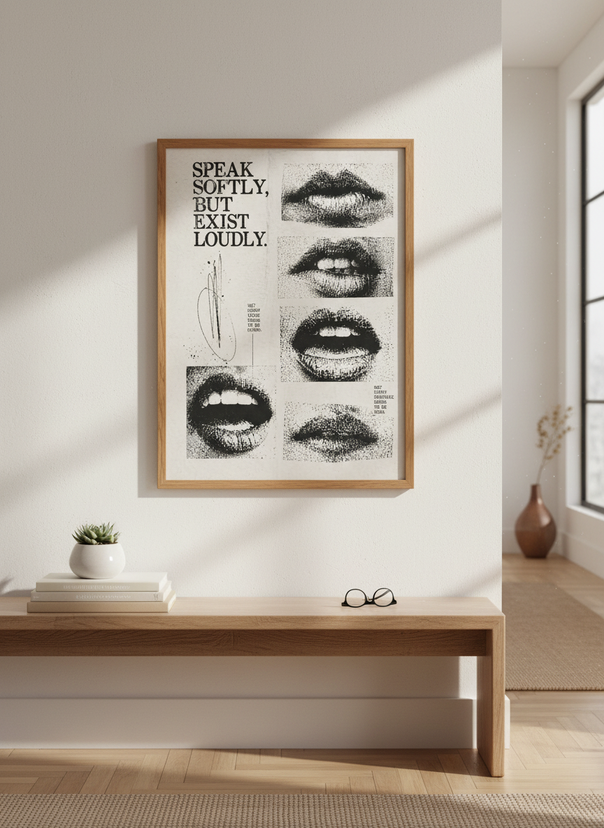 Speak Softly Exist Loudly Grunge Lips Poster | Aesthetic Dorm Decor | Minimalist Quote Art