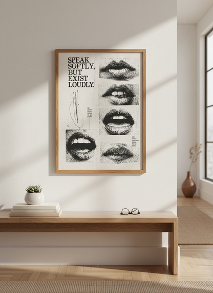 Speak Softly Exist Loudly Grunge Lips Poster | Aesthetic Dorm Decor | Minimalist Quote Art
