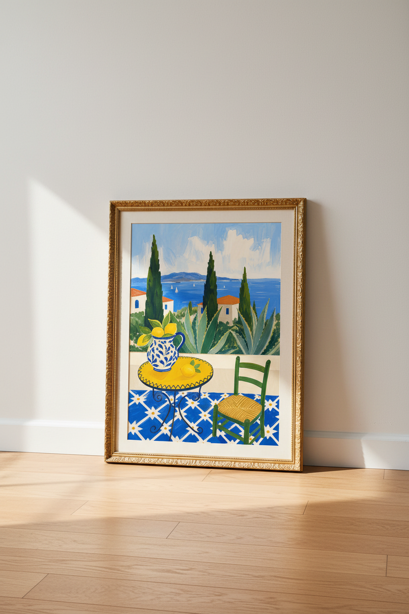 Mediterranean print | Blue Yellow Gouache, Kitchen Decor