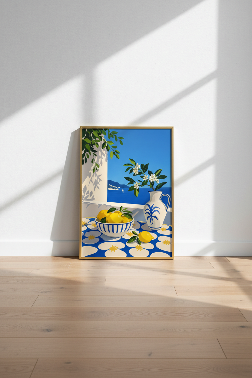 coastal lemon print | Mediterranean blue &amp; yellow kitchen decor