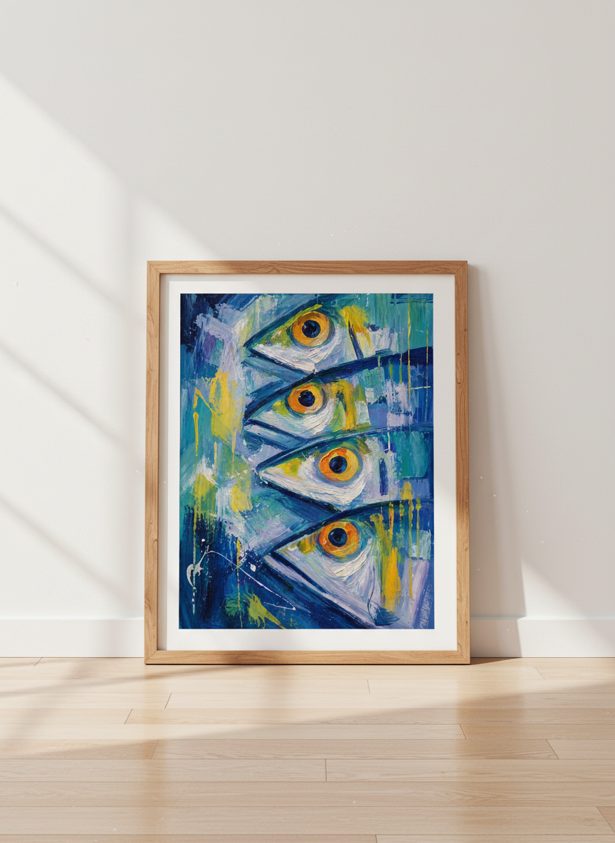 Abstract Fish Wall Art Print | Coastal Kitchen Decor | Impressionist Blue Poster