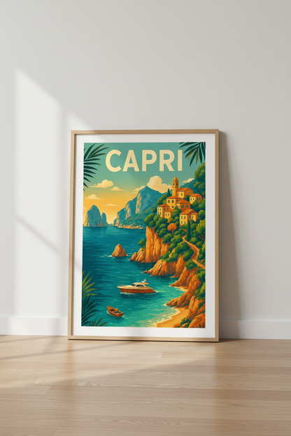 Retro Travel Capri Wall Art Print | Coastal Home Decor | Italian Riviera Aesthetic Poster | Framed Unframed Digital Options