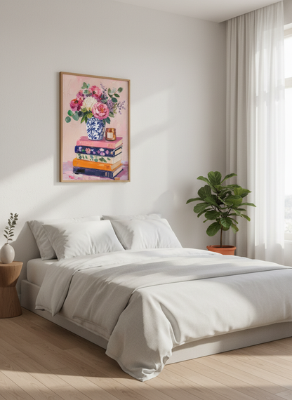 Peony Bouquet on Bookstack Wall Art | Pink Floral Print | Preppy Chinoiserie Decor