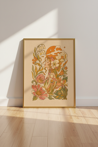 art nouveau poster | floral portrait, warm terracotta bedroom decor