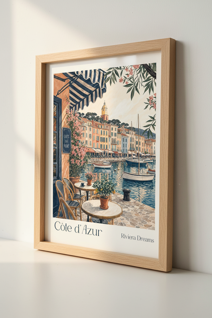 French Riviera Travel Poster | Coastal Cafe Art, Saint Tropez Decor