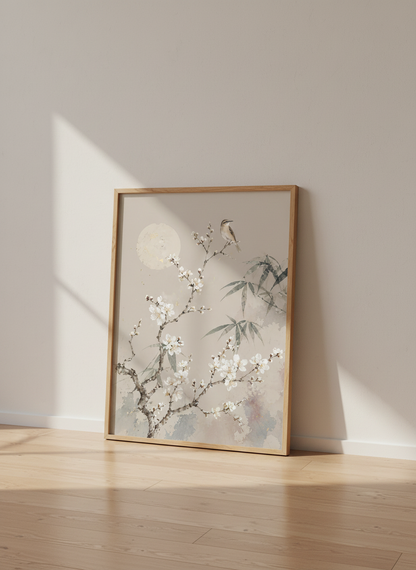 Japanese Bird &amp; Cherry Blossom Wall Art | Neutral Zen Decor | Chinoiserie Poster