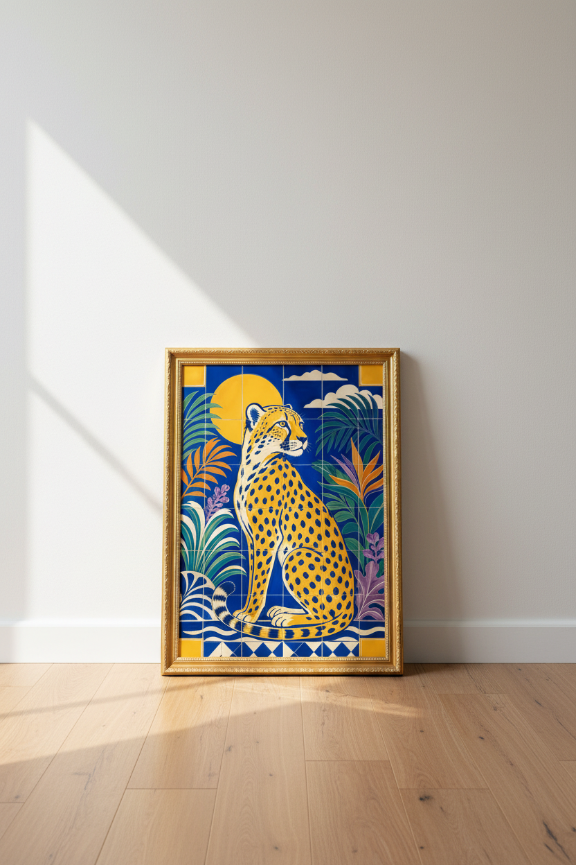 cheetah wall art | Tile-Style Tropical Blue &amp; Gold, Living Room