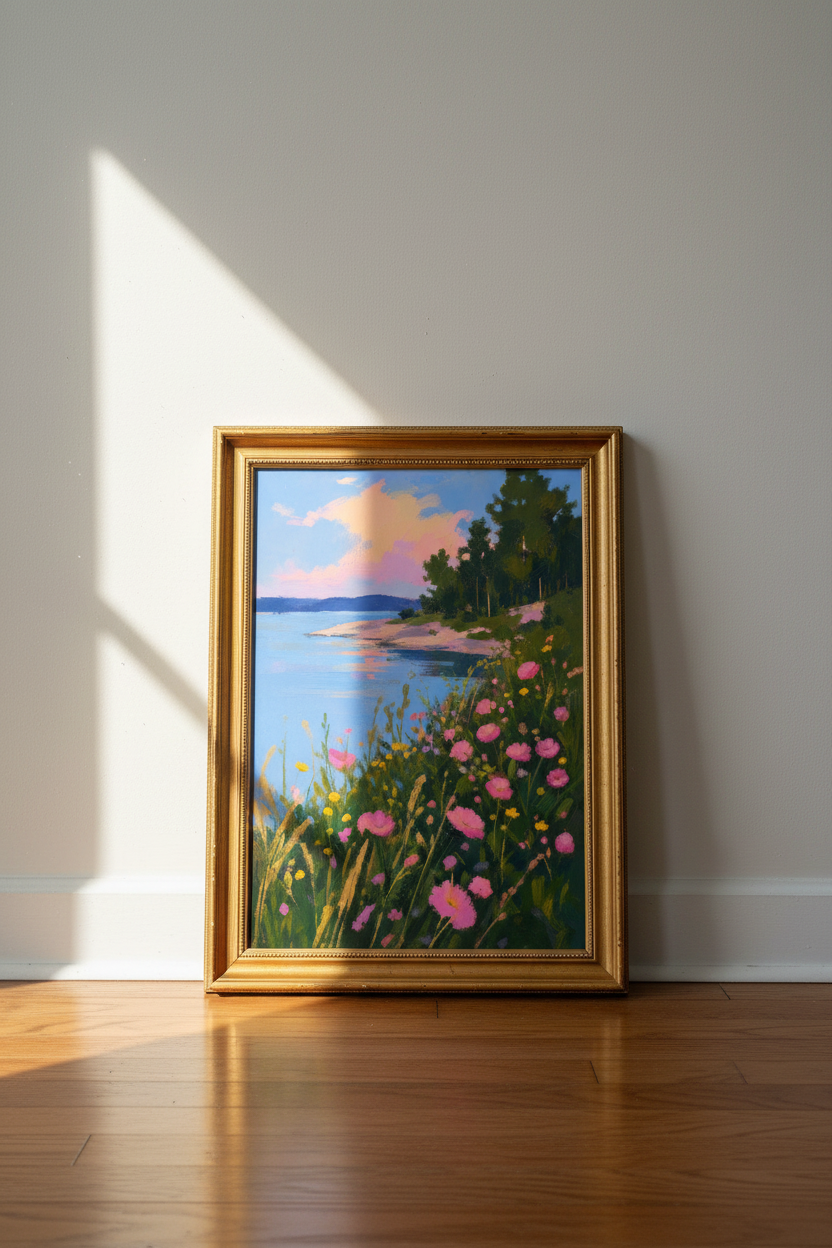 Seaside Floral Print | Impressionist Pink Blue, Living Room Decor