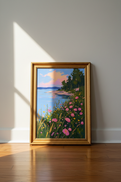 Seaside Floral Print | Impressionist Pink Blue, Living Room Decor