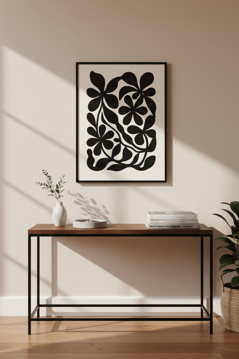 Minimalist Floral Wall Art Print | Modern Botanical Home Decor | Black &amp; Neutral Aesthetic Framed Poster