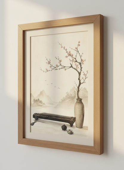 Zen Japanese Landscape Wall Art | Cherry Blossom Print, Minimalist Asian Decor