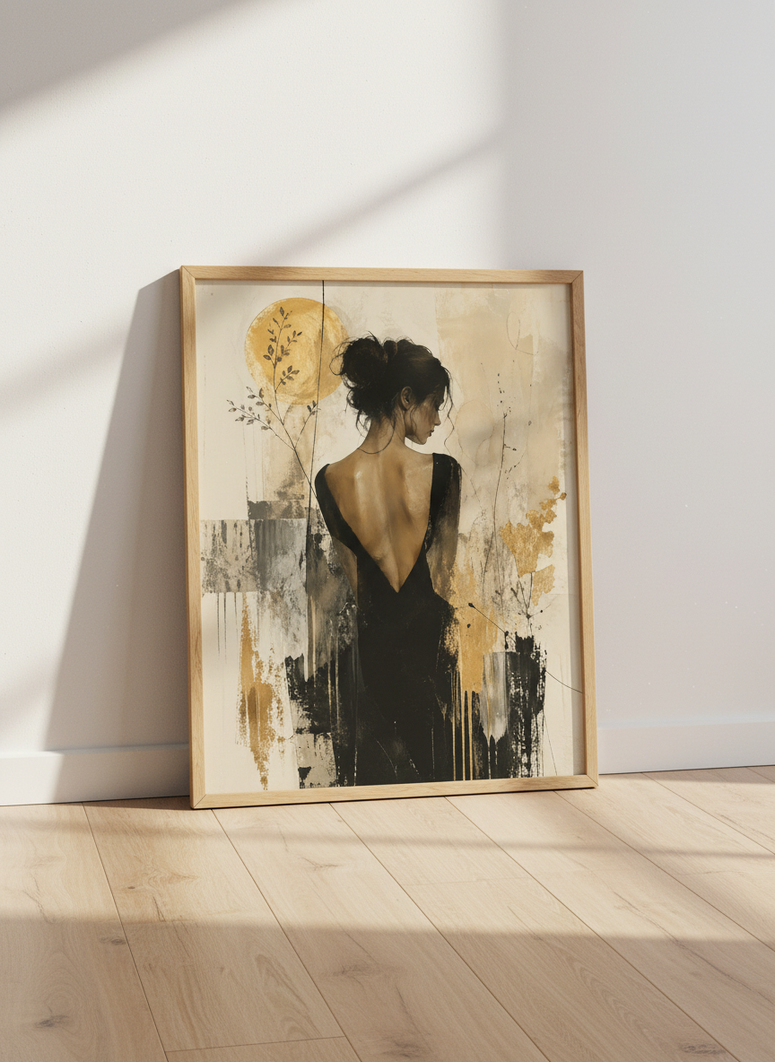 Woman in Black Dress Wall Art | Gold Abstract Portrait, Modern Aesthetic Poster