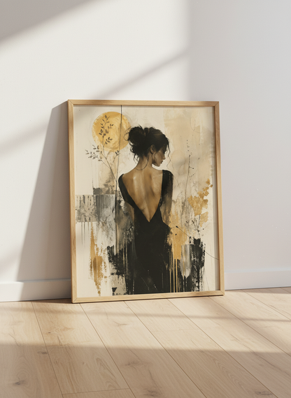 Woman in Black Dress Wall Art | Gold Abstract Portrait, Modern Aesthetic Poster