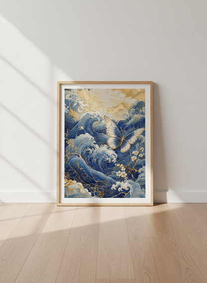 Great Wave Butterfly Wall Art Print | Blue &amp; Gold Japanese Decor | Zen Aesthetic Poster