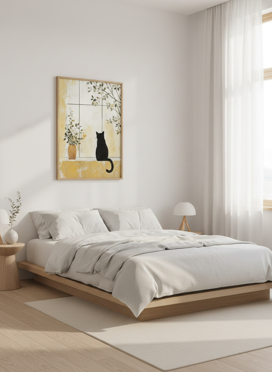 Black Cat at Window Wall Art | Ochre &amp; Sage Japandi Decor | Minimalist Poster