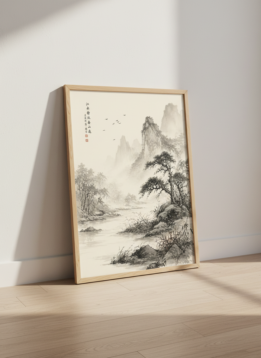 Japanese Landscape Wall Art | Ink Wash Mountain Print | Zen Home Decor Poster