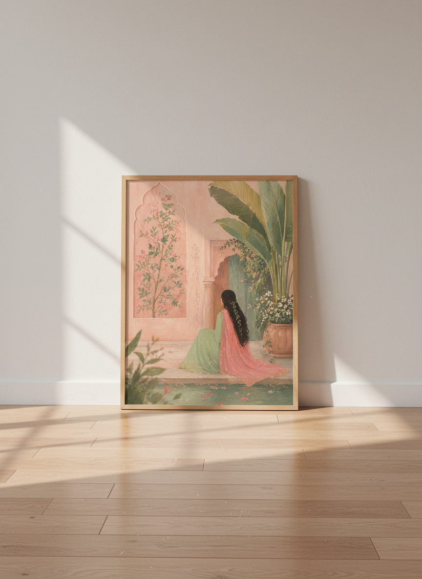 Indian Garden Wall Art | Pink Botanical Painting, Mughal Decor Poster