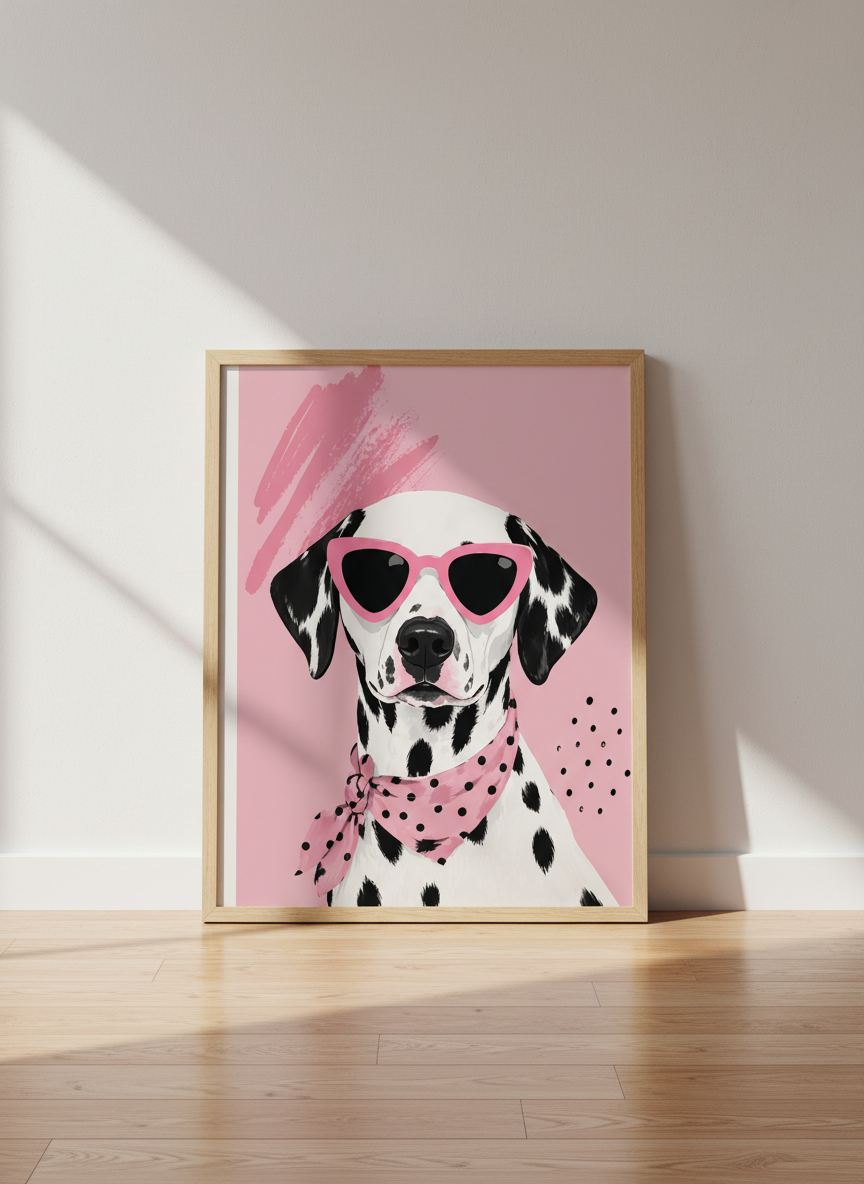 Dalmatian with Sunglasses Art | Pink Preppy Portrait, Girly Bedroom Decor Poster