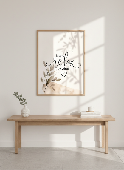 Time to Relax &amp; Unwind Wall Art | Neutral Botanical Decor | Minimalist Poster Print