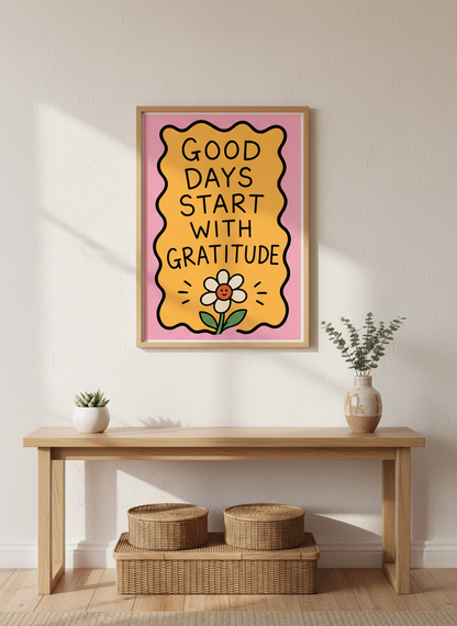 Good Days Gratitude Daisy Art Print | Positive Affirmation Decor, Pink Yellow Wall Art