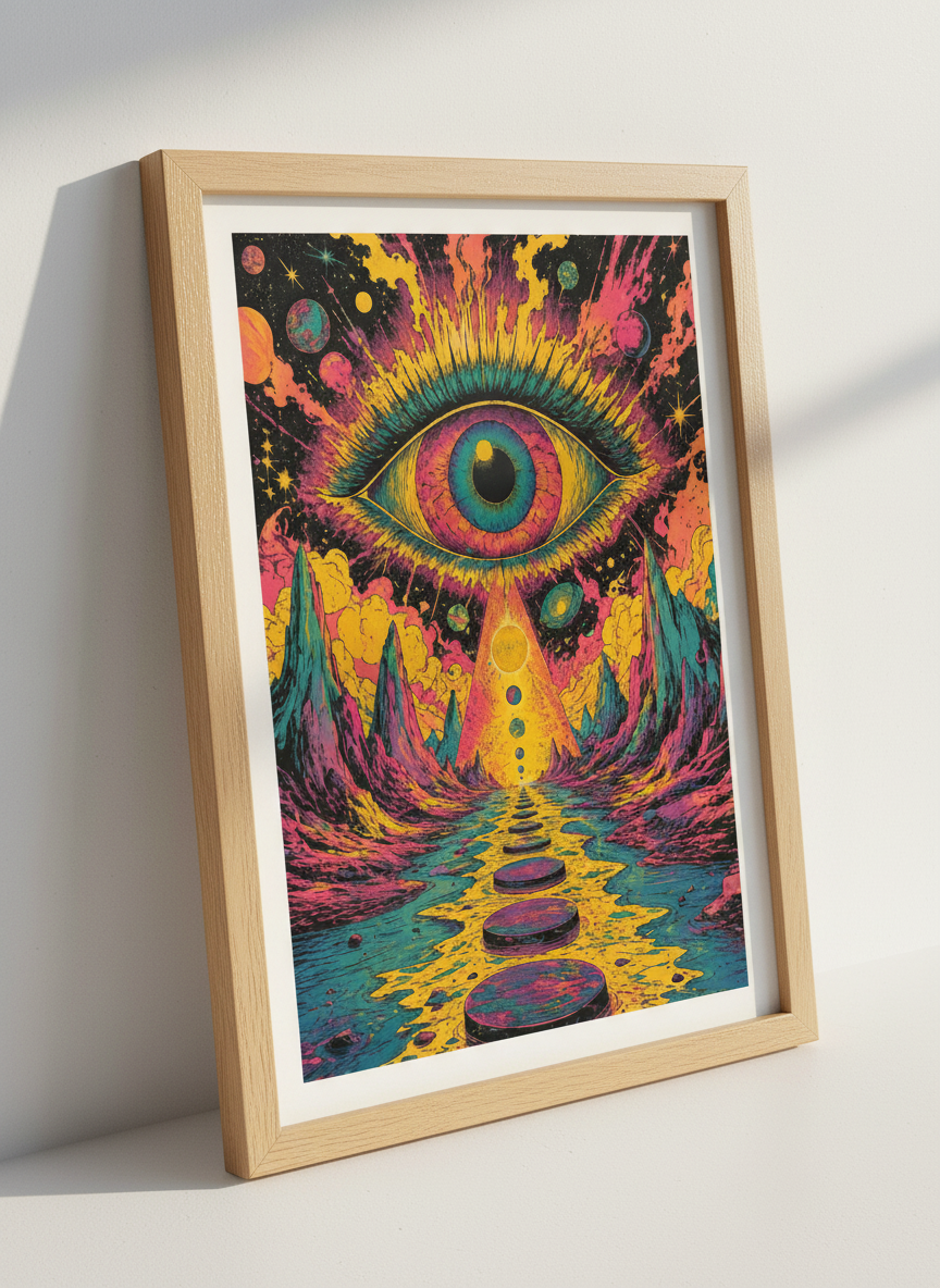 Psychedelic Eye Cosmic Landscape Wall Art | Trippy Neon Poster | Surreal Home Decor