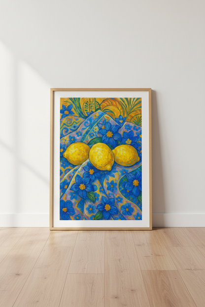 Vibrant Lemon Still Life Framed Wall Art | Kitchen Decor | Mediterranean Aesthetic Framed Poster Print