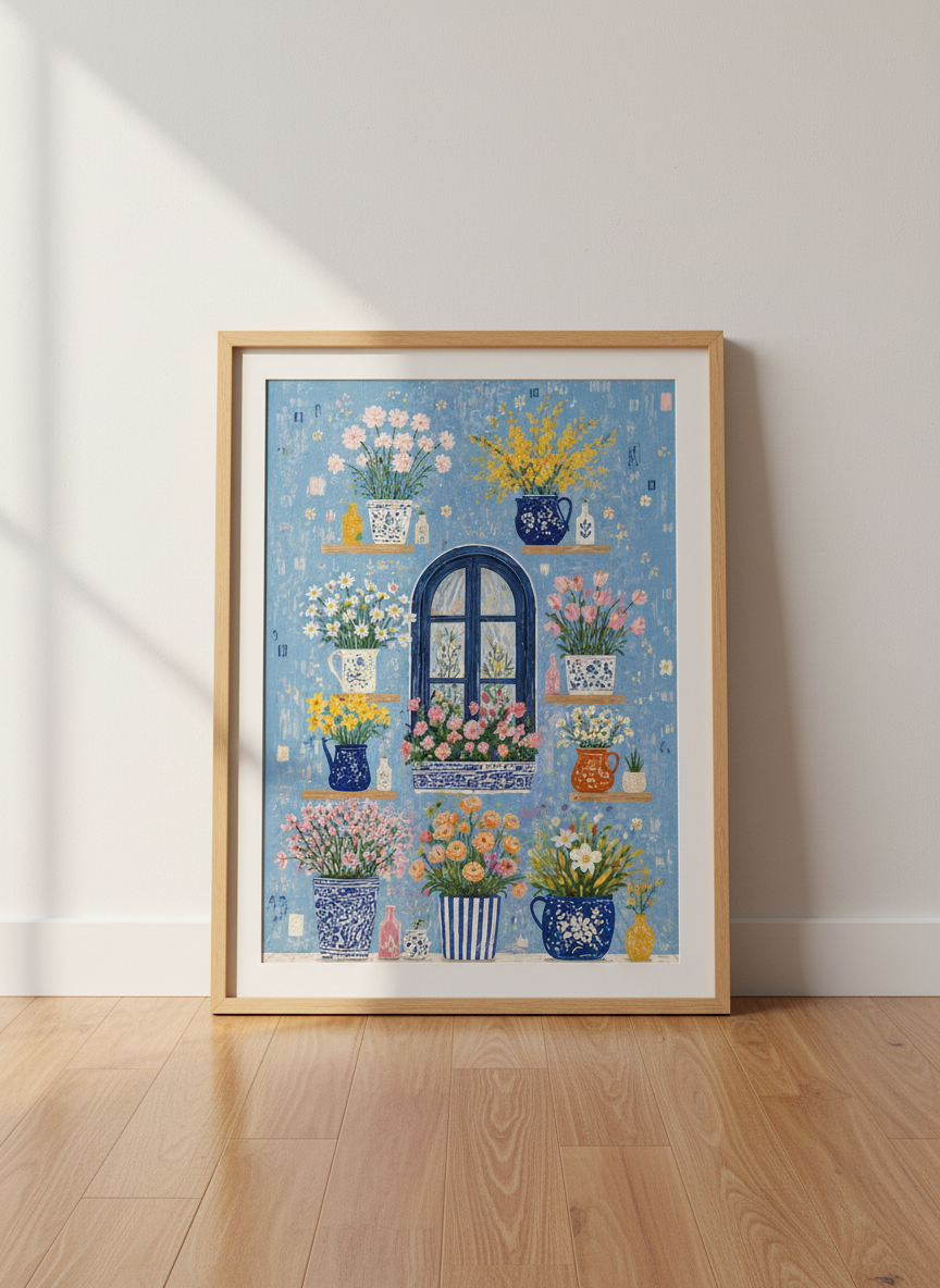Floral Window Wall Art Print | Blue Mediterranean Decor | Impressionist Poster