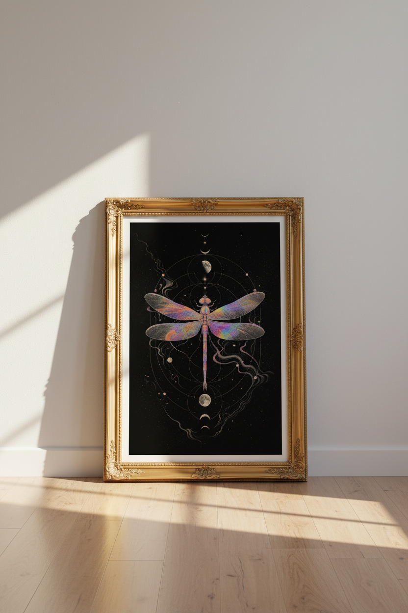 cosmic dragonfly art | iridescent celestial print, bedroom decor