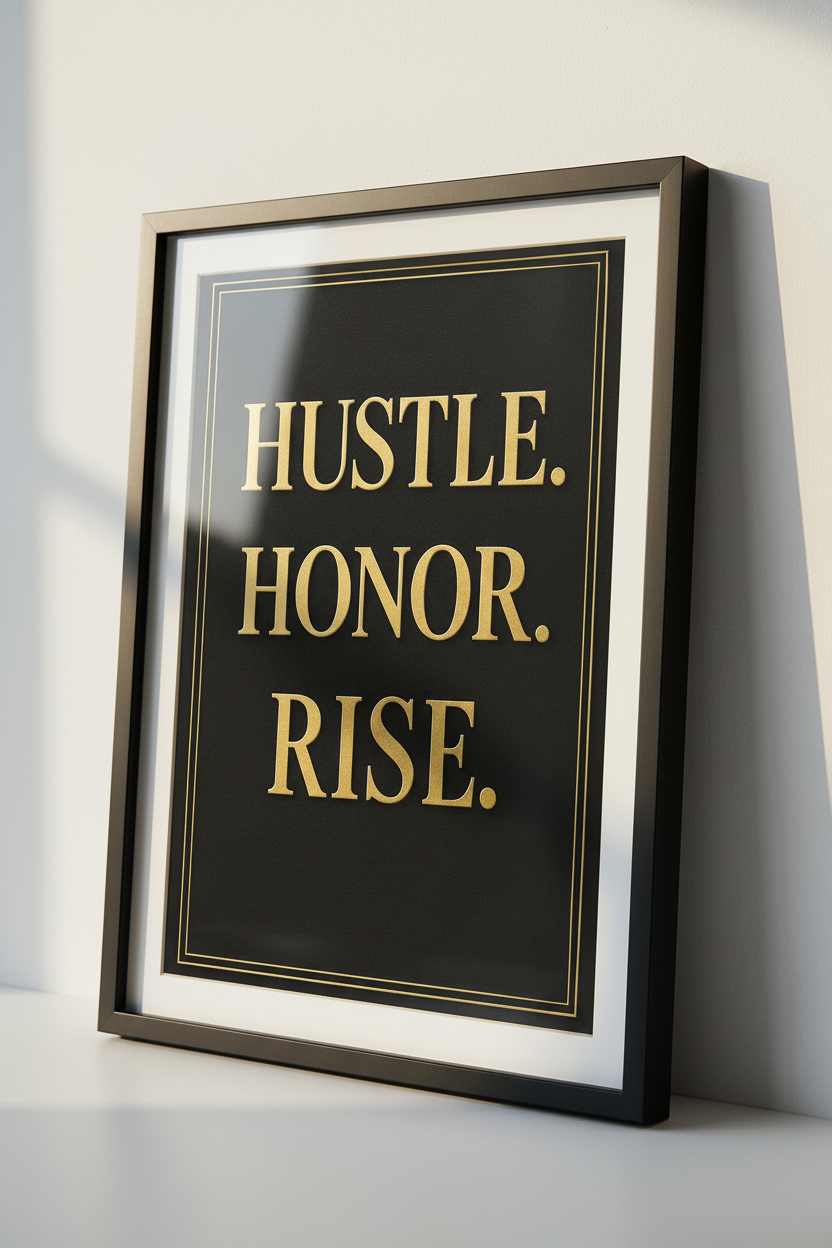 Minimalist Inspirational Quote Wall Art Print | Office Decor | Modern Entrepreneur Poster | Hustle Honor Rise Gold Black Art
