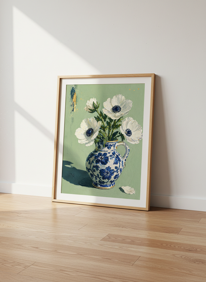 White Anemone | Blue and White Chinoiserie Vase Art, Sage Green Office Decor