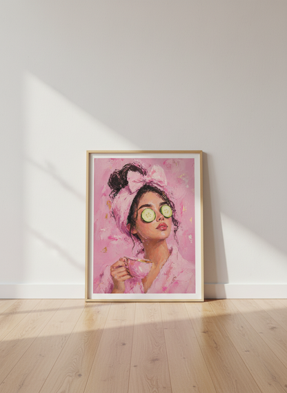 Pink Spa Girl Painting | Whimsical Coquette Portrait, Bathroom &amp; Vanity Decor
