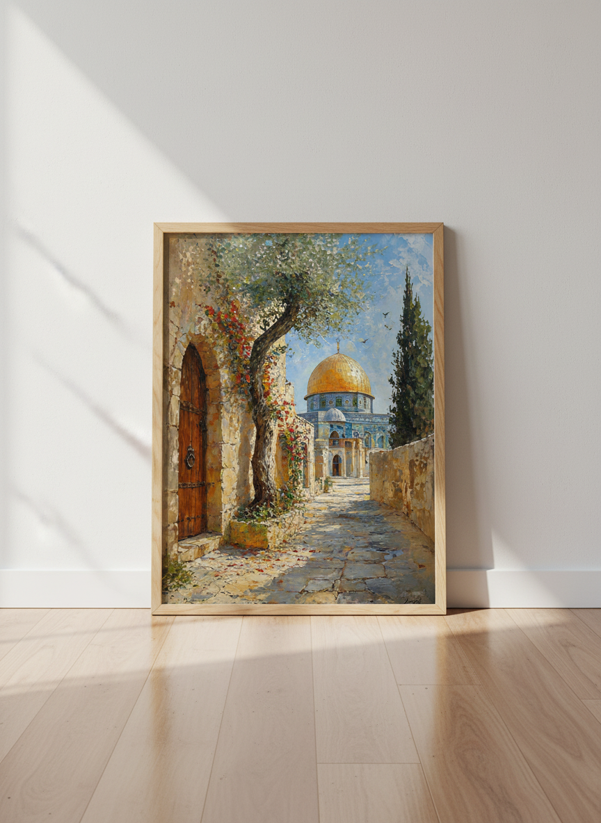 Jerusalem Dome of the Rock Wall Art | Islamic Oil Painting Decor | Gold Mosque Poster