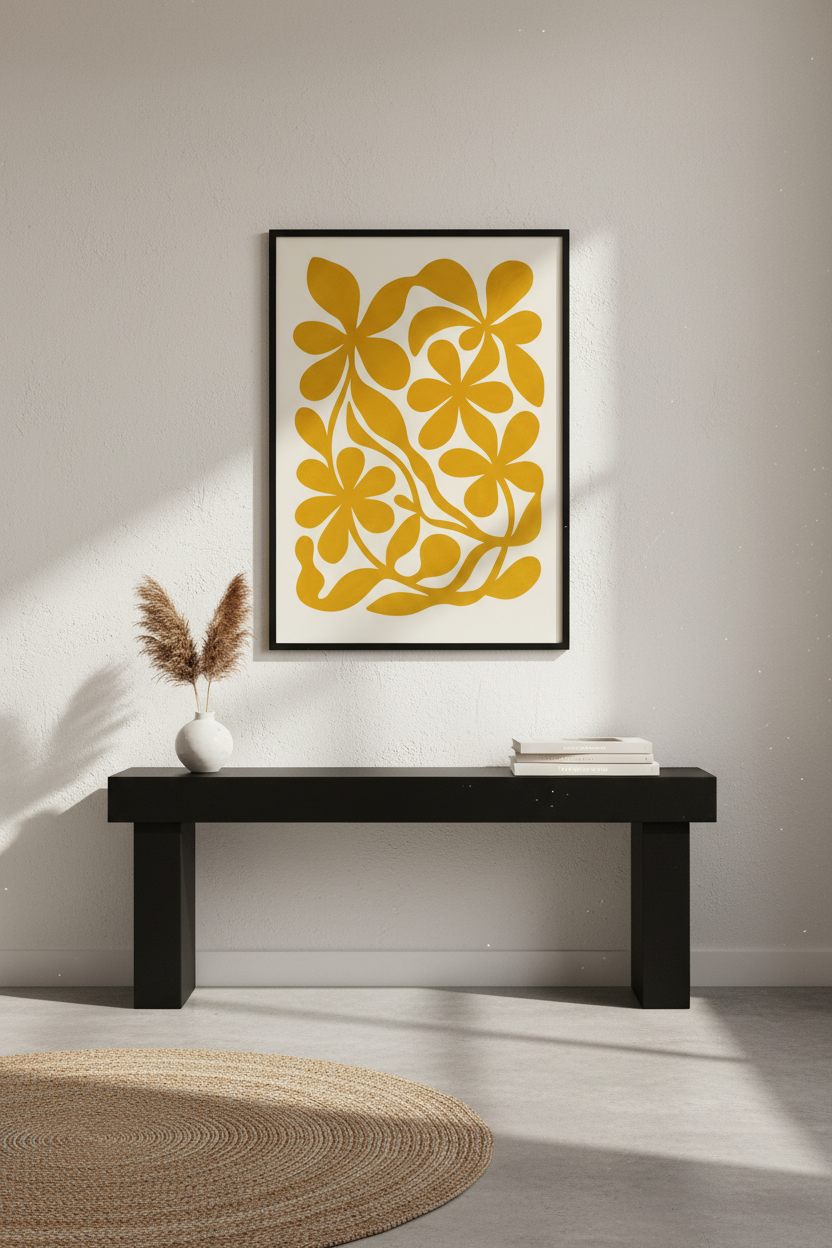 Abstract Floral Wall Art Print | Boho Bedroom Decor | Mid Century Modern Framed Poster | Botanical Gold Flower Art