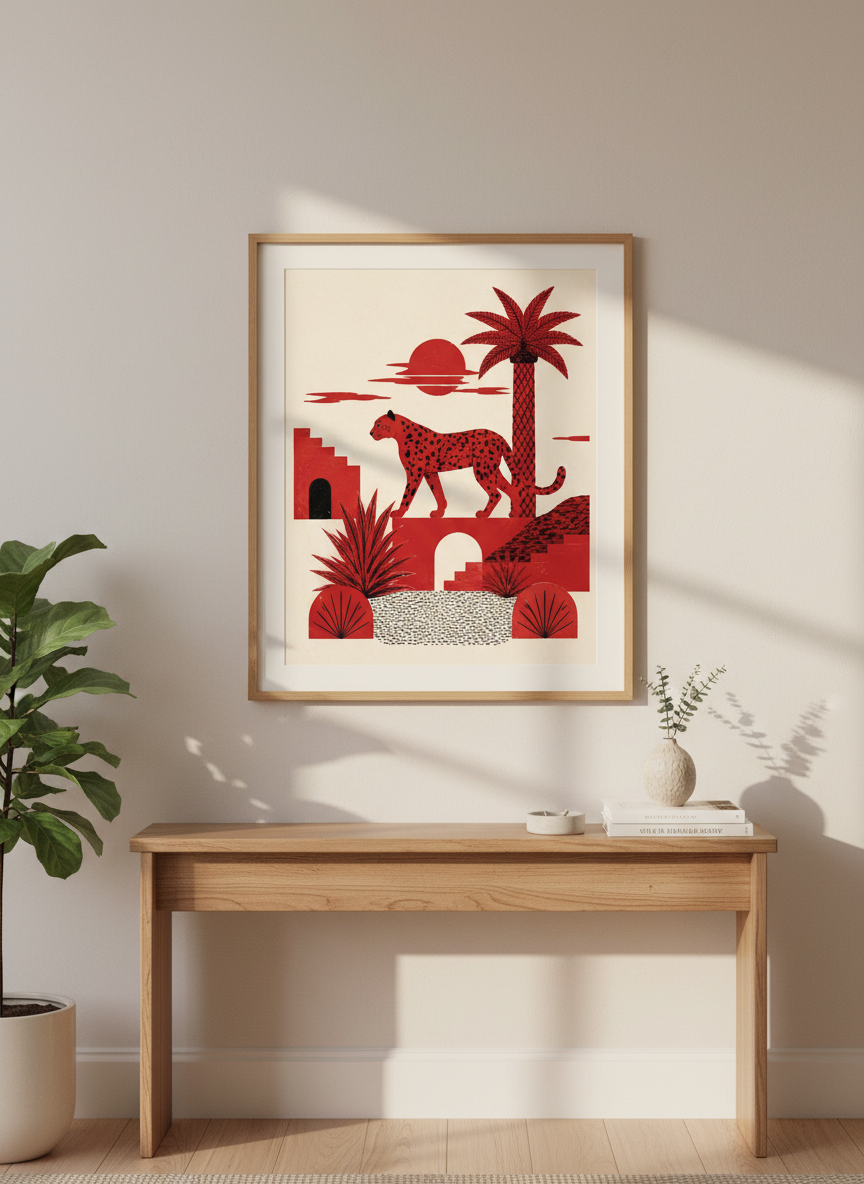 Red Leopard Wall Art Print | Boho Chic Jungle Poster | Desert Aesthetic Decor