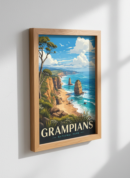 Grampians National Park Travel Poster | Australia Coastal Wall Art, Blue Beach Decor