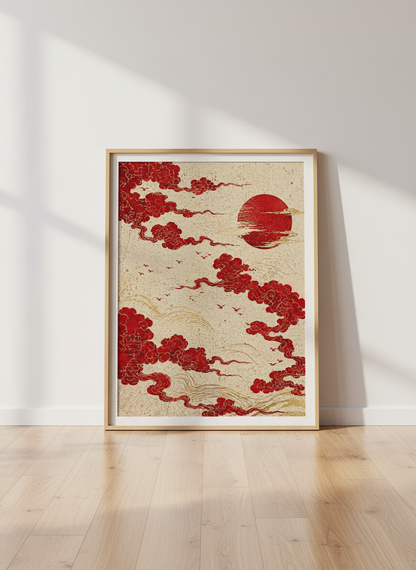 Japanese Red Sun Cloud Wall Art | Zen Living Room Decor | Red &amp; Gold Aesthetic Poster