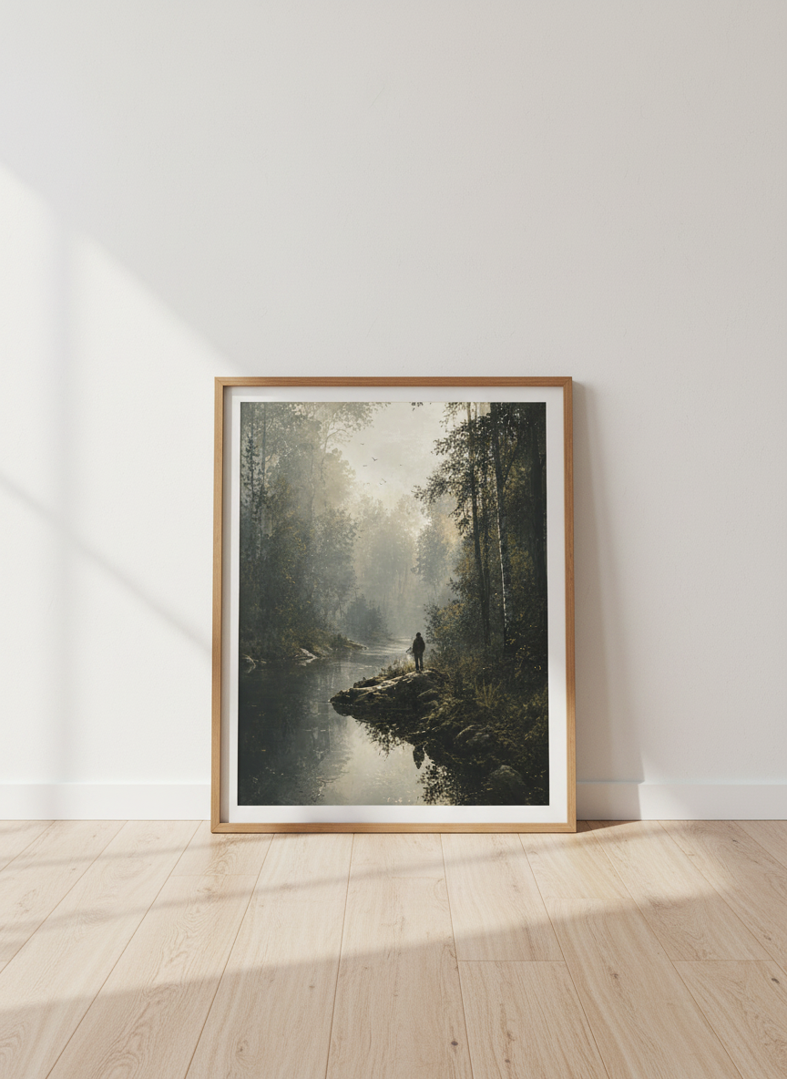 Misty Forest River Wall Art | Moody Landscape Print, Nature Living Room Decor