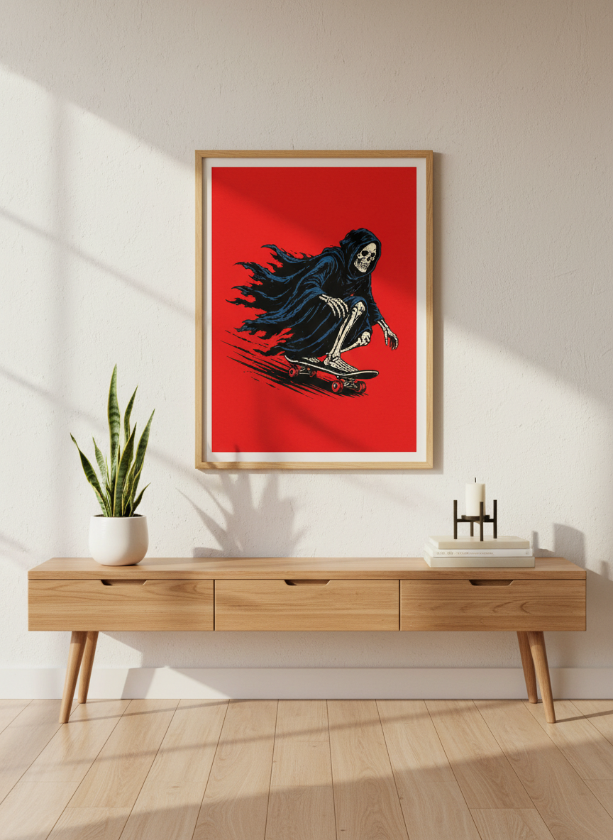Grinning Skater Skeleton Art | Red Skateboard Grim Reaper Wall Decor | Dark Academia Goth