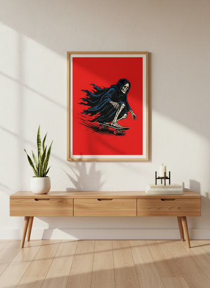 Grinning Skater Skeleton Art | Red Skateboard Grim Reaper Wall Decor | Dark Academia Goth