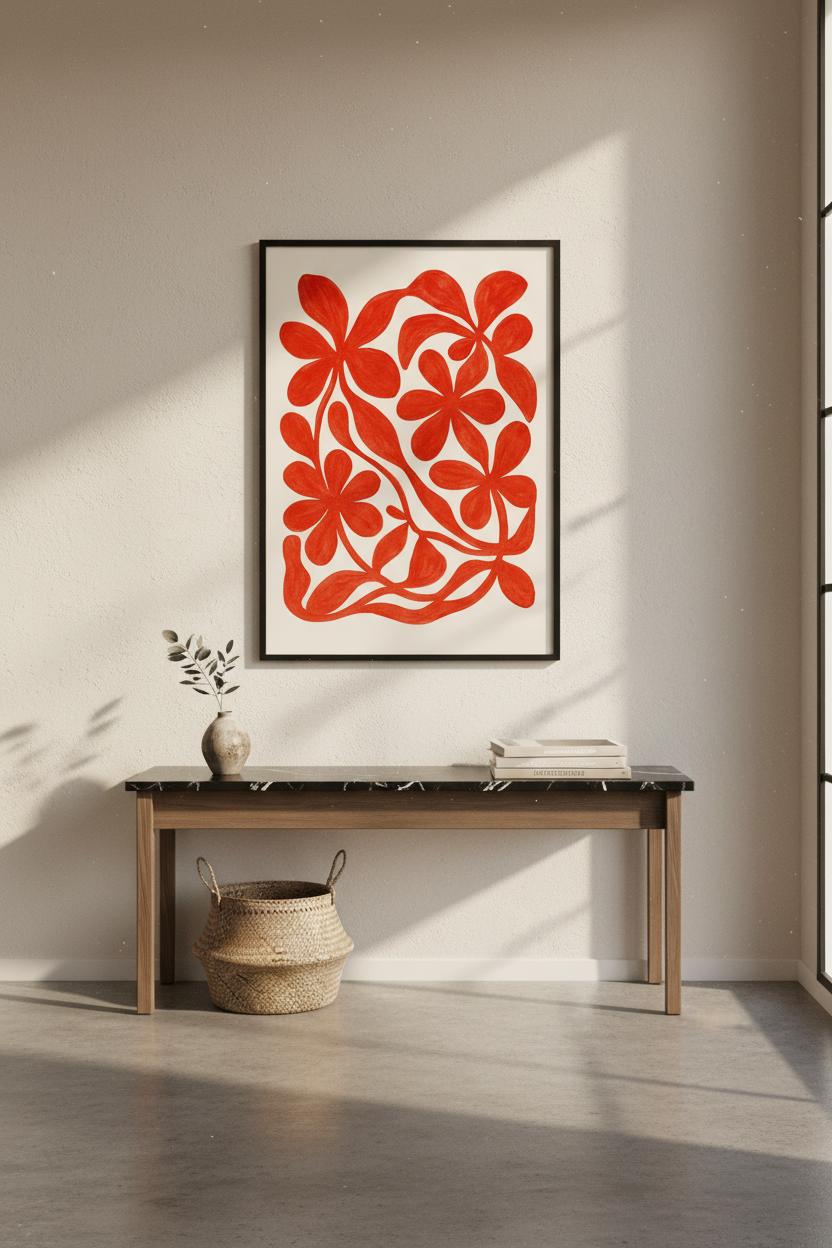 Abstract Floral Wall Art Print | Bold Red Petal Decor | Framed Botanical Poster | Living Room Aesthetic Wall Art