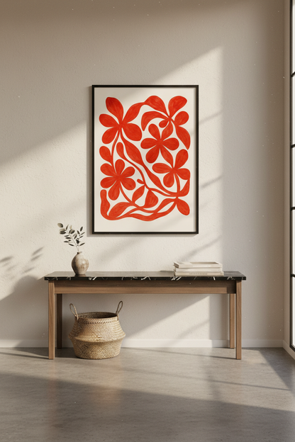 Abstract Floral Wall Art Print | Bold Red Petal Decor | Framed Botanical Poster | Living Room Aesthetic Wall Art